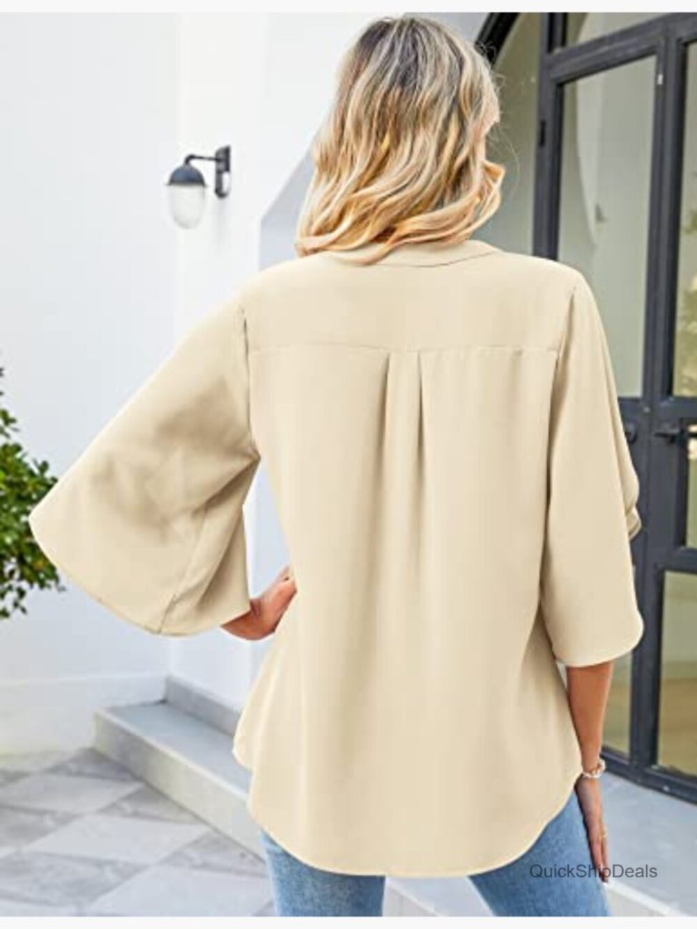 Chiffon V-Neck Blouse with 3/4 Ruffled Sleeves Loose Fit Tunic - Picture 4 of 7